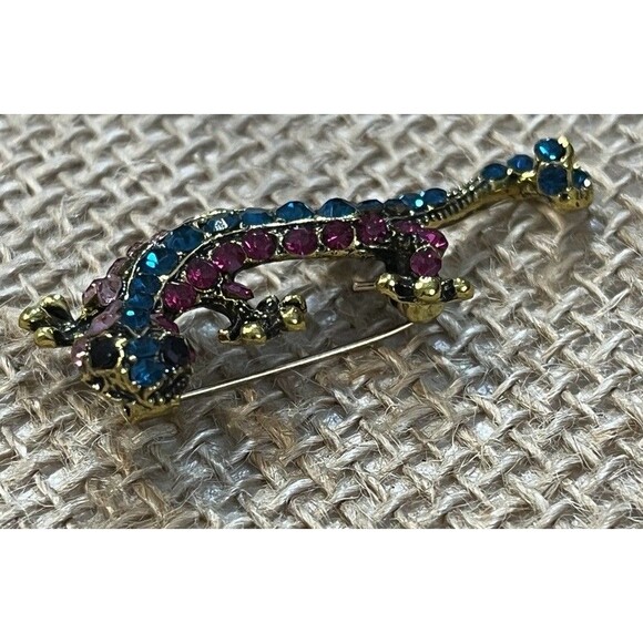 VTG Green Blue Rhinestone Brooch Pin Lizard Salamander A/B Gold Tone Whimsical - Picture 5 of 9